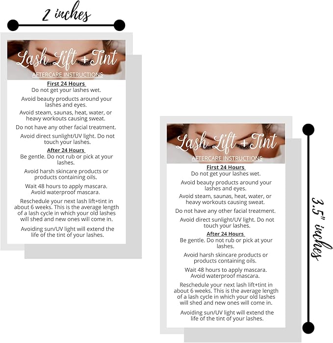 Lash Lift + Tint Aftercare Instruction Cards | 50 Pack | 2 x 3.5” inches Business Card Single Side | Eyelash Lift and Tint Kit at home diy aftercare supplies | White with Lash Photo Design