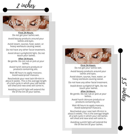 Lash Lift + Tint Aftercare Instruction Cards | 50 Pack | 2 x 3.5” inches Business Card Single Side | Eyelash Lift and Tint Kit at home diy aftercare supplies | White with Lash Photo Design