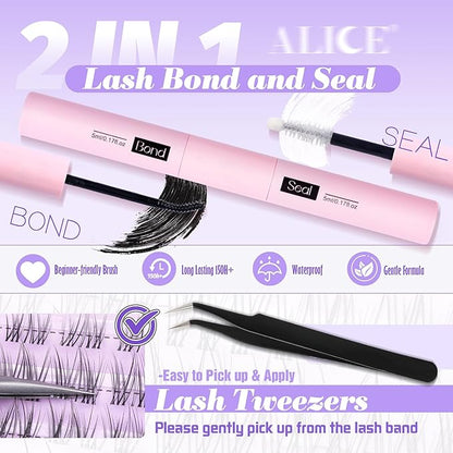 ALICE Cluster Eyelash Extension Kit Natural Wispy Lash Clusters Kit Lash Extension Kit Clear Band 168pcs C-Curly 11-13mm Individual Lashes with Lash Glue Bond and Seal Self Application at Home