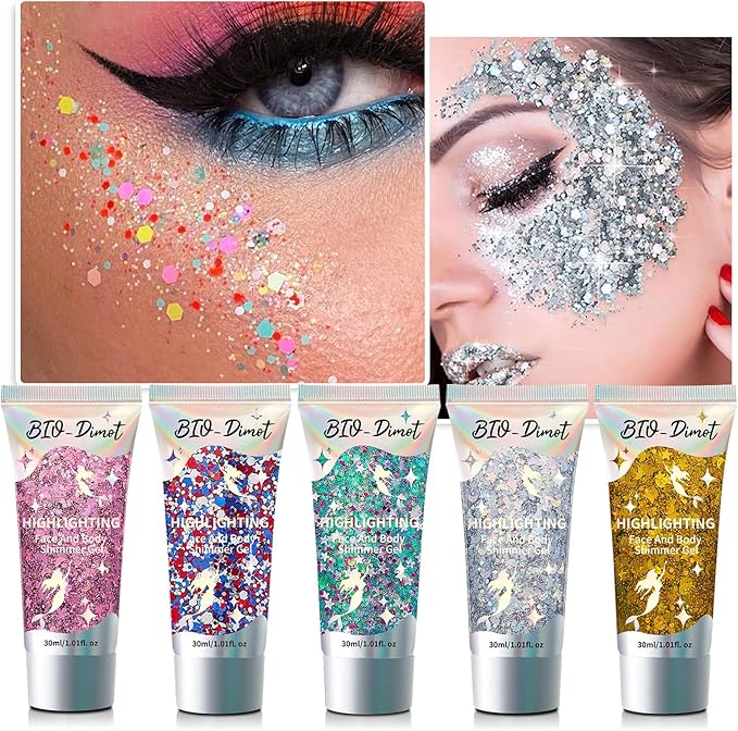 Body Face Chunky Glitter Gel - Face Sparkles Glitter Gel Makeup for Singer Concerts Disco Festival Rave Accessories 30ml Chunky Sequins Mermaid Face Body Hair Glitter Gel (White&Silver&Pink)