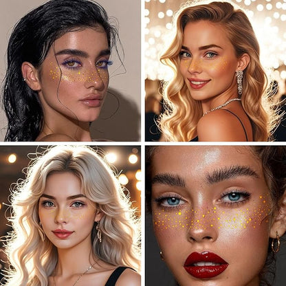 Glitter Freckle Face Tattoos - 6 PCS Gold Temporary Face Freckle Patch | Waterproof & Sweatproof Adhesive Glitter Patches for Festival, Party, Halloween Makeup (Gold Glitter Freckles-B)