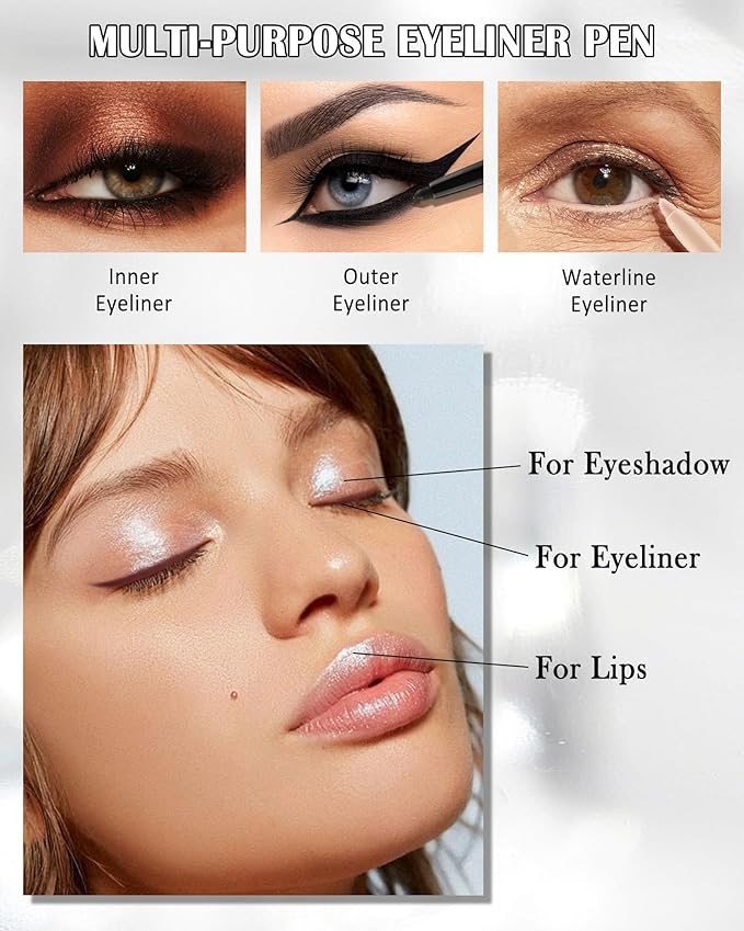 White Glitter Eyeliner Pencil, Waterproof Smudge-Proof Long-Stay Retractable Eyeliner Pen, Cream Gel Eye Liner Waterline with Sharpener, Shimmer Highlighter Brightener Eye Liner Makeup Stick for Women