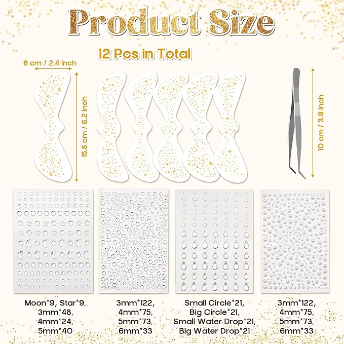 12Pcs Glitter Freckles Face Tattoos - Pearl Diamond Face Patches Stickers Festival Accessories for Women Sparkles Freckles Half Magic Makeup Jewels Stickers, Easy to Apply