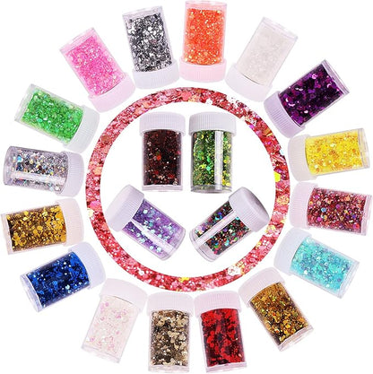 20 Assorted Colors Holographic Chunky and Fine Mixed Glitter,Shake Jar,for DIY Craft Epoxy Resin Tumber Making,Nail Art,Body Glitter,Jewelry Earring Keychain Making