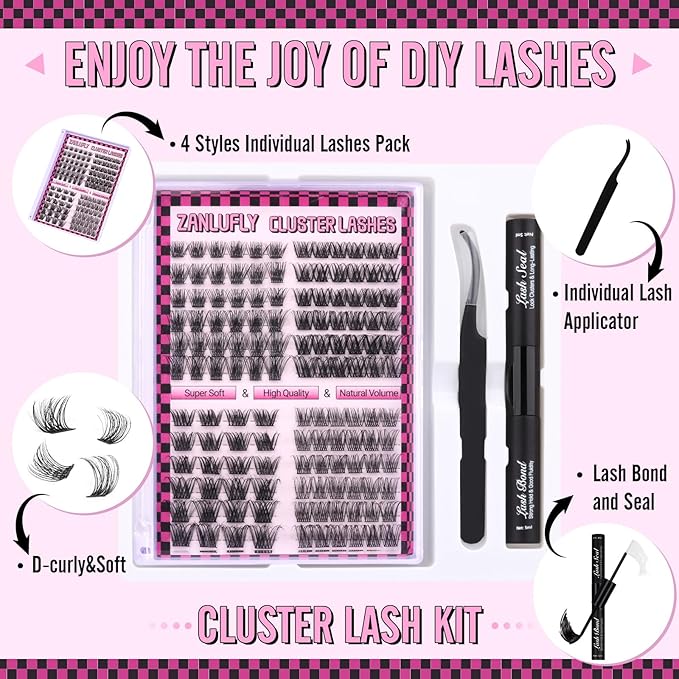 Lashes Extension Kit Lashes Clusters Individual Lashes Kit 4 Styles DIY Eyelashes Extension Kit with Lash Bond and Seal Mascara Brush Lash Applicator Eyelashes Clusters(10-16MM,132Pcs)