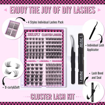 Lashes Extension Kit Lashes Clusters Individual Lashes Kit 4 Styles DIY Eyelashes Extension Kit with Lash Bond and Seal Mascara Brush Lash Applicator Eyelashes Clusters(10-16MM,132Pcs)