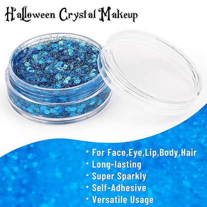 BOBISUKA Halloween Face Paint Kit - Black, White, Blue + Body Glitter Gel + Face Gems - Professional Washable Body Paint for SFX, Cosplay, Party, Stage Performance Makeup