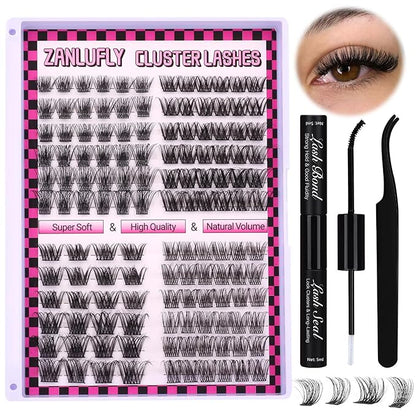 Lashes Extension Kit Lashes Clusters Individual Lashes Kit 4 Styles DIY Eyelashes Extension Kit with Lash Bond and Seal Mascara Brush Lash Applicator Eyelashes Clusters(10-16MM,132Pcs)