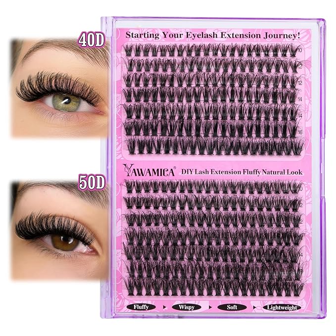 Yawamica Lash Clusters 40D+50D Fluffier Volume Individual Lashes Wispy Eyelash Clusters D Curly Natural Lash Extension 10-16mm Cluster Eyelash Extensions 280pcs for DIY Lash at Home