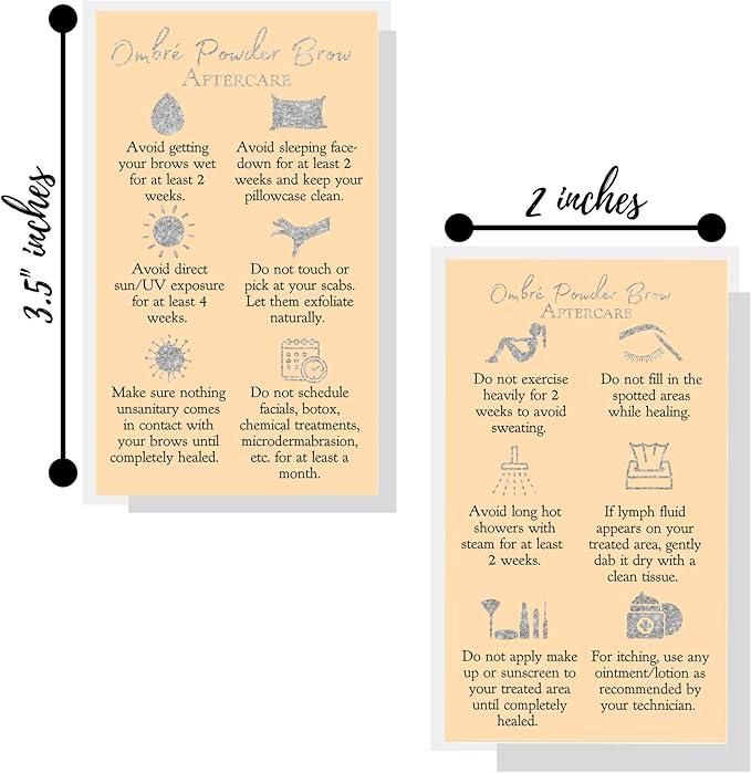 Ombre Powder Brow Aftercare Instructions Cards | Package of 50 | Double Sided Size 2x3.5" inches Business Card | Tan with Silver Glitter Look Design