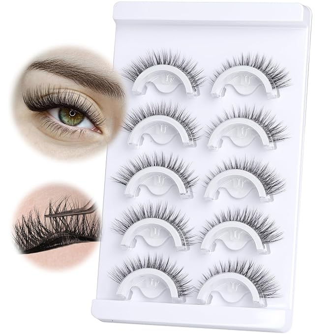 Self Adhesive Eyelashes Natural Look Press On Lashes No Glue Needed Wispy Reusable Self Adhesive Lashes without Eyeliner Clear Band Pre Glued Lashes Cat Eye Lashes Faux Mink Lashes 5 Pairs