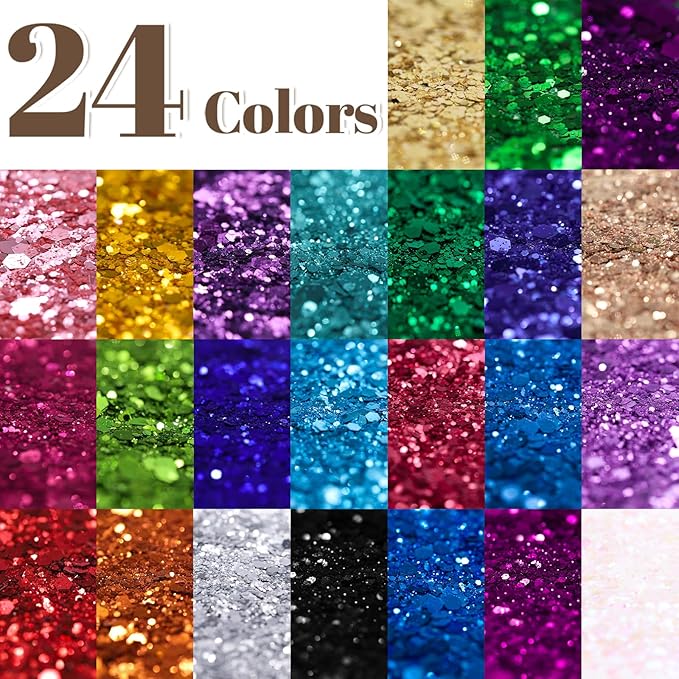 LEOBRO Chunky Glitter, 24 Colors Glitter for Crafts, Resin, Nail Body Face Hair Makeup, DIY Party Decorations, Solid Color