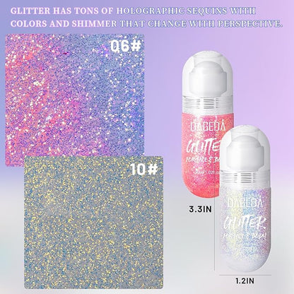DAGEDA 2Colors Roll-on Body Glitter Gel for Body, Hair, Face, Holographic Glitter Makeup for Rave Accessories, Body Shimmer Hair Glitter Gel for Halloween Makeup(Pink + Ocean Glow)