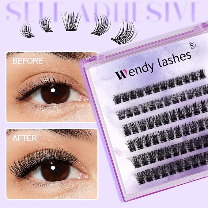 Self Adhesive Eyelashes Kit DIY Eyelash Extension Reusable Adhesive Eyelashes Press On Falsies No Glue No Remover Needed Self Stick Cluster Lashes and Tweezers(C02-0.07D Kit,10-18mm)
