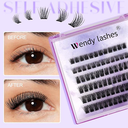 Self Adhesive Eyelashes Kit DIY Eyelash Extension Reusable Adhesive Eyelashes Press On Falsies No Glue No Remover Needed Self Stick Cluster Lashes and Tweezers(C02-0.07D Kit,10-18mm)