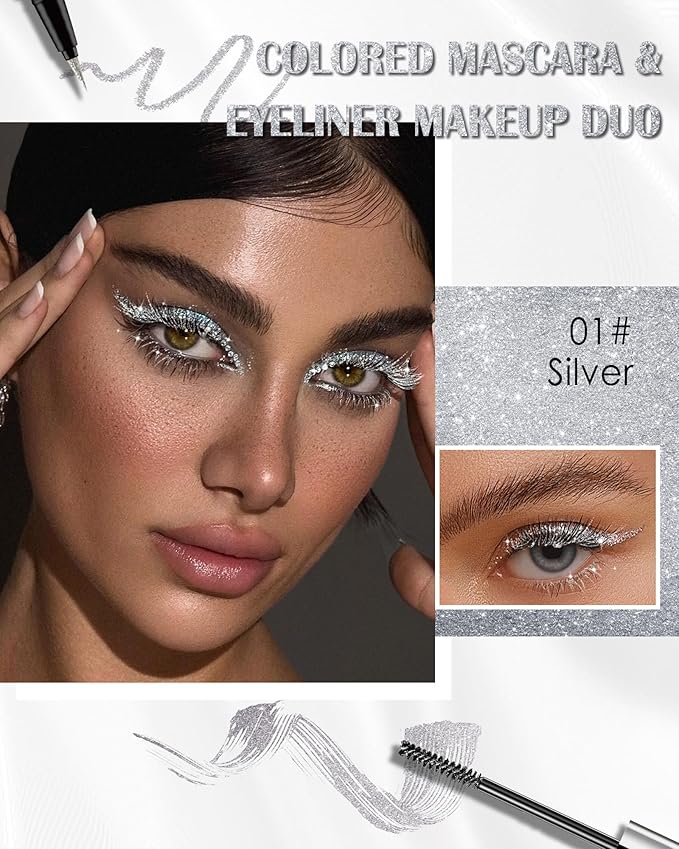 Silver Glitter Mascara + Eyeliner Pen Set, Shimmer Volume Colorful Mascara, Sparkling Liquid Eyeliner, Waterproof, High-Pigmented, All-Day Wear Shine Eye Makeup for Dazzling Looks