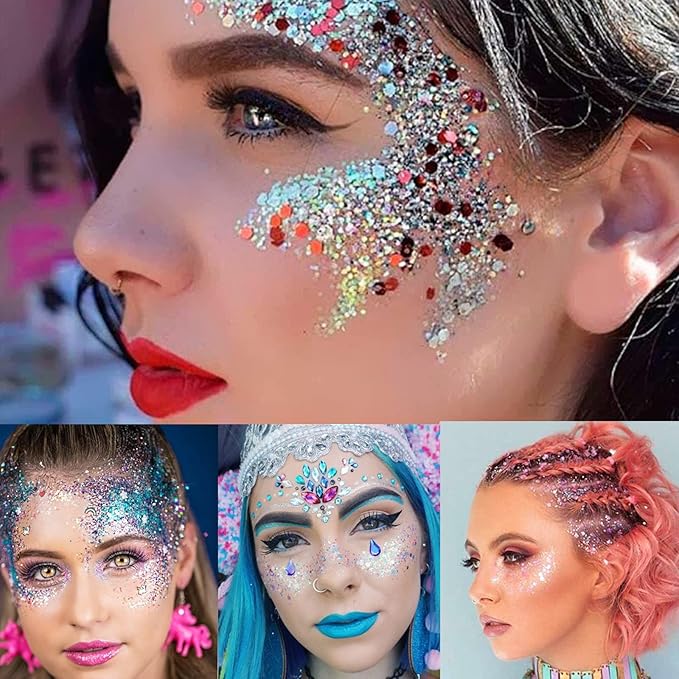 SHANPIN Gold Body Glitter, Chunky Glitter Gel Makeup for Face Hair Nails, Sparkling Mermaid Sequins for Women Face Body Glitter Gel, Glitter Face Paint for Women Rave Festival