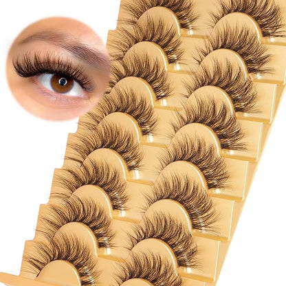 Brown Lashes Strip Natural Looking Cat Eye Eyelashes Wispy Fluffy Clear Band Pack 8 Pairs
