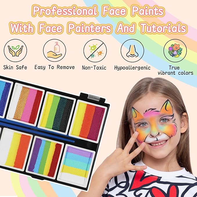 Professional Face Painting Kit for Kids,12X10gm Water Based Split Cake Face Paint with Stencil & Brushes,Hypoallergenic & Non-Toxic,Gift for Birthday Parties/Halloween/Carnival