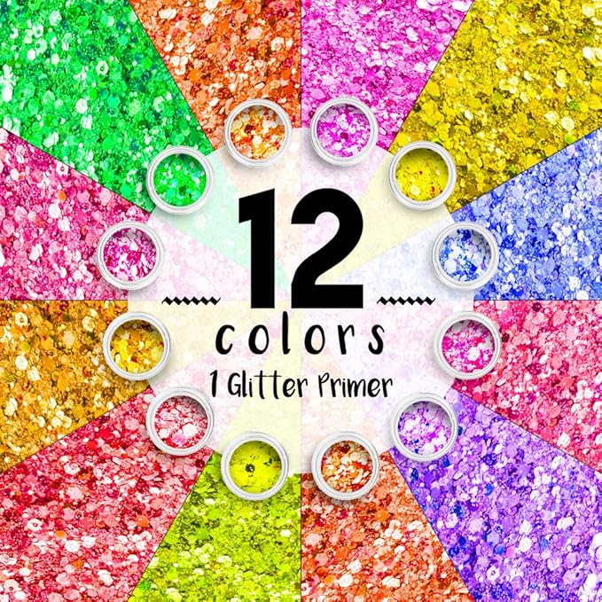 Neon Holographic Body Glitter I 12 Colors + 1 Glitter Glue for Face, Hair, Nail, Eye & Glitter Eyeshadow - Perfect for Halloween Makeup, Raves, Festivals, Resin, Tumblers, Cosmetic & Nail Art