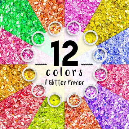 Neon Holographic Body Glitter I 12 Colors + 1 Glitter Glue for Face, Hair, Nail, Eye & Glitter Eyeshadow - Perfect for Halloween Makeup, Raves, Festivals, Resin, Tumblers, Cosmetic & Nail Art