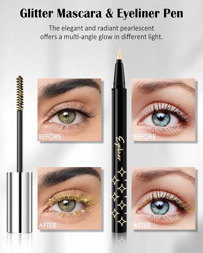 Silver Glitter Mascara + Eyeliner Pen Set, Shimmer Volume Colorful Mascara, Sparkling Liquid Eyeliner, Waterproof, High-Pigmented, All-Day Wear Shine Eye Makeup for Dazzling Looks