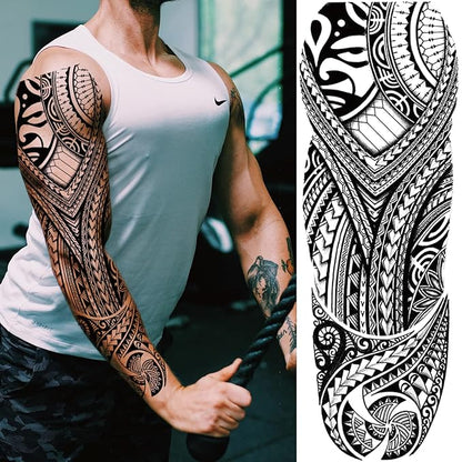Totem Fake Tattoos Sleeve For Men Women, Full Arm Tribal Polynesian Temporary Tattoo Sleeves Adult, Large Black Hawaiian Viking Dragon Temp Tatoo Sticker Leg Body Art Makeup, 8-Sheet