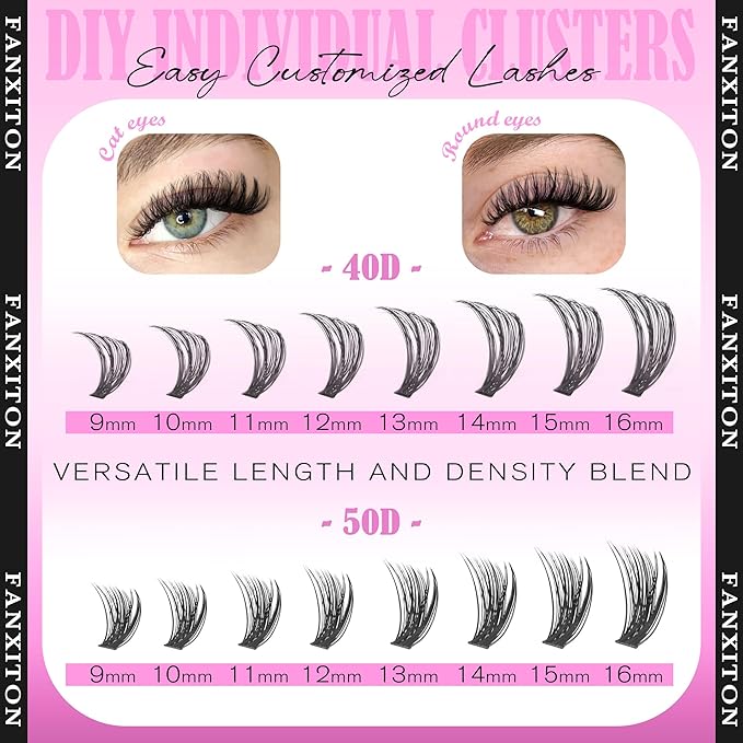 Wispy Lashes Cluster Kit Thick Eye Lash Clusters 40D+50D D 8-16mm Mix Lash Extension Kit Eyelash Clusters Volume Individual Lashes with Lash Bond and Seal and Tweezers