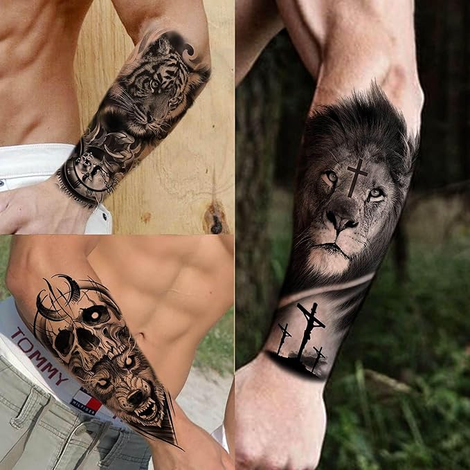 63 Sheets Halloween Black Wolf Tiger Lion Temporary Tattoos For Women Men Arm Sleeve, Scary Skull Skeleton Fake Tattoo Stickers Adults, 3D Long Lasting Tattoos Temporary Tribal Owl Flower Legs