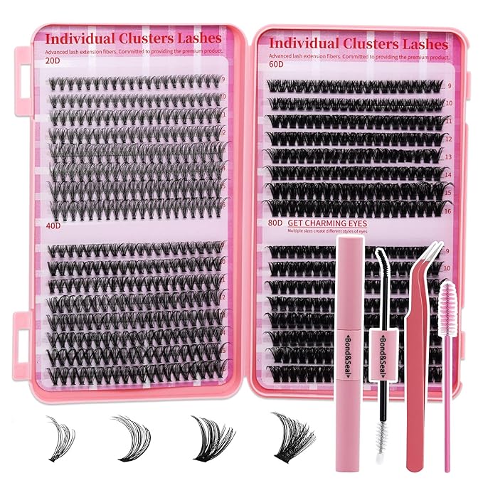 Lash Extension Kit DIY Lash Clusters Kit 624pcs Cluster Lashes Eyelash Extension Kit Individual Lashes with Lash Bond and Seal,Lash Tweezers,Mascara Brush(624pcs 20D+40D+60D+80D Kit,9-16mm)