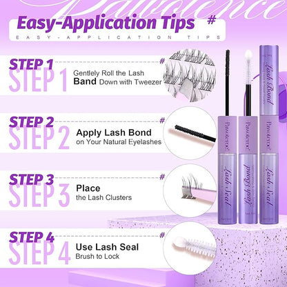 Pawotence Wispy Lash Clusters Kit Cat Eye Lash Extension Kit 180pcs Natural Individual Lashes Left Right Cluster Eyelash Extensions Kit with Lash Bond and Seal, Lash Tweezers for Self Application