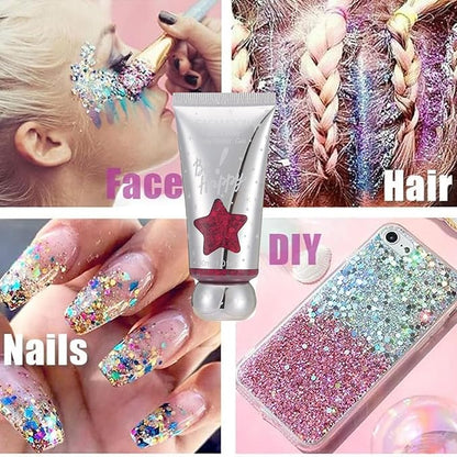 6Pcs Holographic Body Glitter Gel Set, Mermaid Sequins Liquid Holographic Glitter Gel Kit, Gold, Silver Chunky Glitter for Face Hair Nails