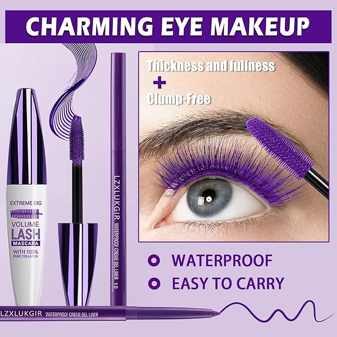Purple Volumizing Mascara&Eyeliner Set,5D Length Colored Mascara,Long-Lasting&Smudge-Proof No Clumping,Longwear Fiber Waterproof Mascara for Women Eye Makeup