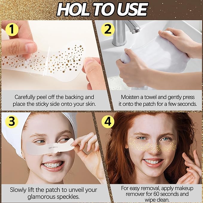 10 Pcs Face Glitter Freckles Patches, Gold Sparkle Face Makeup Patches, Long-lasting Waterproof for Women