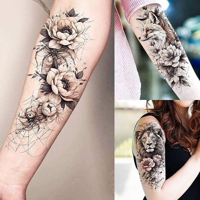 75 Sheets Black Realistic 3D Rose Flowers Temporary Tattoos For Women Girls Adults, Guadalupe Virgin Mary Lotus Snake Peony Florals Blossom Fake Tattoo Stickers Forearm Lion Fox Spider Web Skull Lotus