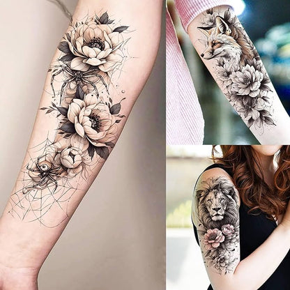 75 Sheets Black Realistic 3D Rose Flowers Temporary Tattoos For Women Girls Adults, Guadalupe Virgin Mary Lotus Snake Peony Florals Blossom Fake Tattoo Stickers Forearm Lion Fox Spider Web Skull Lotus