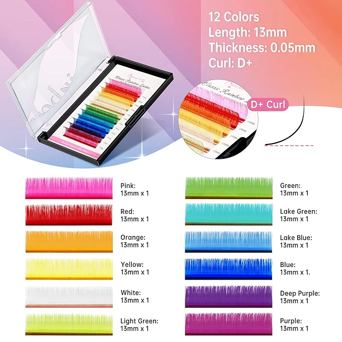 Beauty7 Colored Lash Extensions Rainbow Classic D+ Curl 0.05mm Thickness 13mm Dramatic Eyelashes Ombre 12 Colors