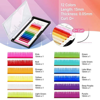Beauty7 Colored Lash Extensions Rainbow Classic D+ Curl 0.05mm Thickness 13mm Dramatic Eyelashes Ombre 12 Colors