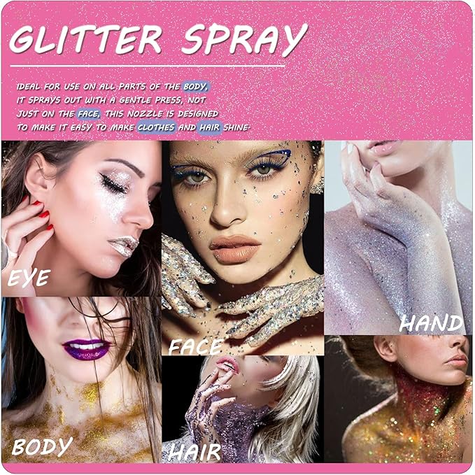 Hair Glitter Spray,Sliver Glitter Spray for Hair and Body Face Glitter Spray Long-Lasting Glitter for Hairspray Clothes Makeup Festival Stage Crafts(with Moisture Stick)