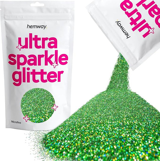 Hemway Premium Ultra Sparkle Glitter Multi Purpose Metallic Flake for Arts Crafts Nails Cosmetics Resin Festival Face Hair - Emerald Green Holographic - Microfine (1/256" 0.004" 0.1mm) 100g / 3.5oz