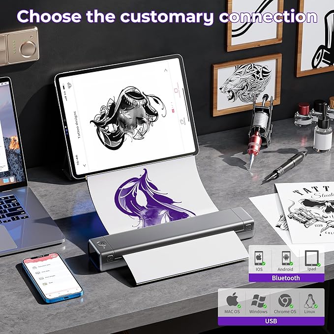 Wireless Tattoo Transfer Machine - Thermal Stencil Printer for Temporary & Specialty Tattoos, Compatible with Tablet PC & Phone - Silver