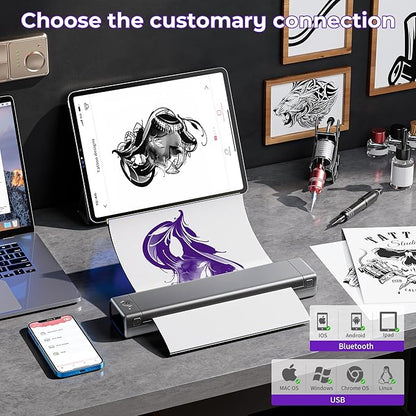 Wireless Tattoo Transfer Machine - Thermal Stencil Printer for Temporary & Specialty Tattoos, Compatible with Tablet PC & Phone - Silver