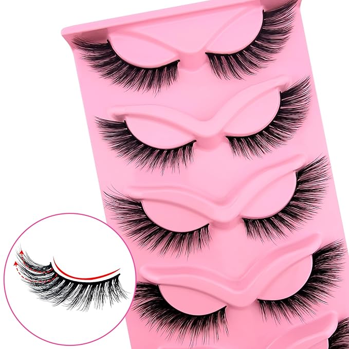 Fox Eye Lashes Wispy Eyelashes 18mm Cat-Eye Lashes Angel Wing Lashes Faux Mink False Eyelashes Natural Look 5 Pairs pack(XF05), black