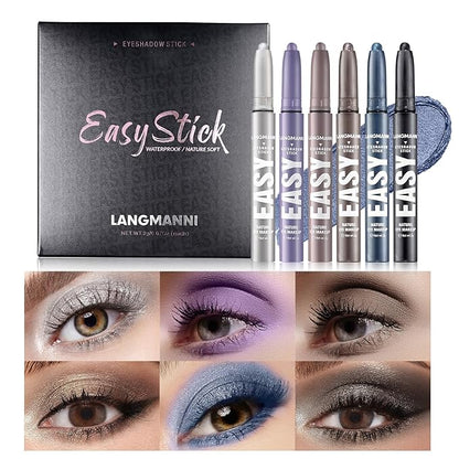 LANGMANNI Eyeshadow Stick, 6 PCS Waterproof Multi-Color Eyeshadow Pen Set, Creamy Long-Lasting Eye Makeup Kit, Natural & Shimmer Shades Contour Stick, Perfect Gifts For Women (#D)