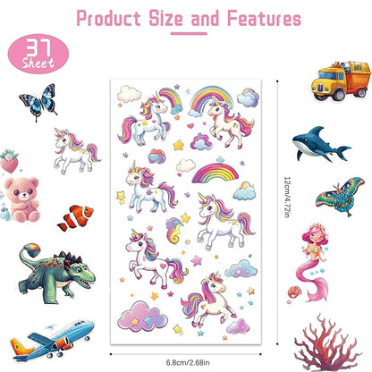 Tattoos for Kids, 350+ Mixed Styles (37 Sheets) Temporary Tattoos Stickers Set Gift for Girls and Boys, Space Dinosaur Animals Butterfly Tattoos for Kids Birthday Party Supplies
