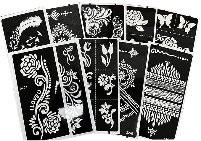 10 Sheets Henna Tattoo Stencil Kit Temporary Tattoo Stencils Arabian Tattoo Stickers for Face Paint Body Art, Reusable Templates 3 Layer Membrane