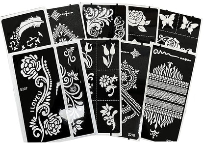 10 Sheets Henna Tattoo Stencil Kit Temporary Tattoo Stencils Arabian Tattoo Stickers for Face Paint Body Art, Reusable Templates 3 Layer Membrane