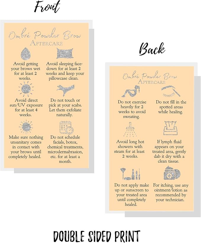 Ombre Powder Brow Aftercare Instructions Cards | Package of 50 | Double Sided Size 2x3.5" inches Business Card | Tan with Silver Glitter Look Design