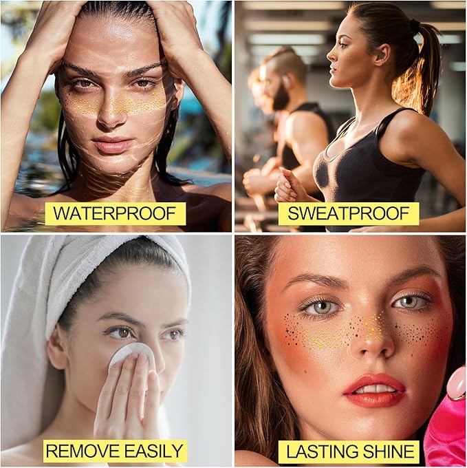 10 Pcs Face Glitter Freckles Patches, Gold Sparkle Face Makeup Patches, Long-lasting Waterproof for Women