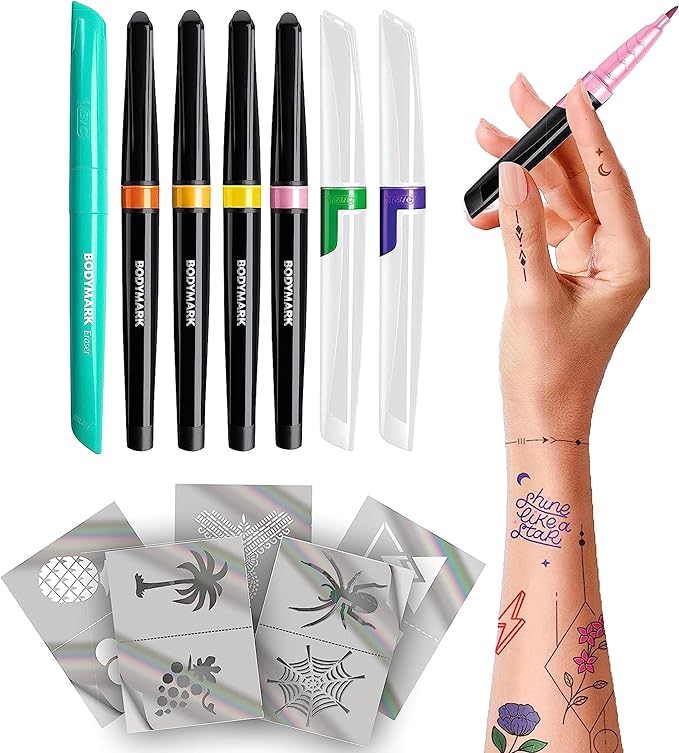 BIC BodyMark Expansion Pack Temporary Tattoo Marker for Skin, Premium Brush Tip, 6 Count Pack of Assorted Colors and Stencils, One Eraser Touch Up Pen, Skin-Safe Temporary Tattoo Markers Set